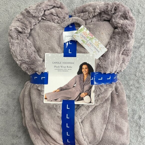 NEW Carole Hochman Plush Wrap Robe Women's L Gray Faux Fur Patch Pockets - Picture 2 of 6